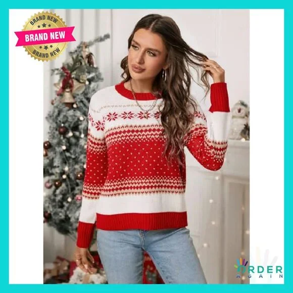 Festive Fair Isle Pullover Cozy Ribbed Knit Crewneck Holiday Sweater